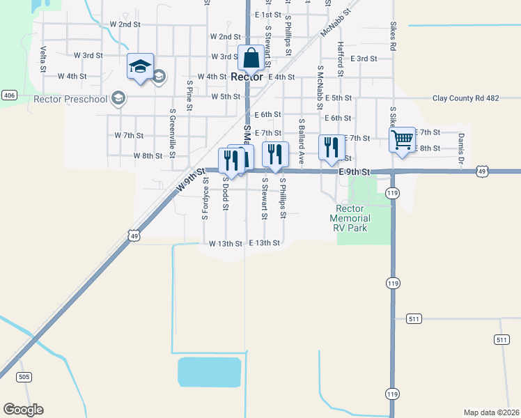 map of restaurants, bars, coffee shops, grocery stores, and more near 1213 South Main Street in Rector