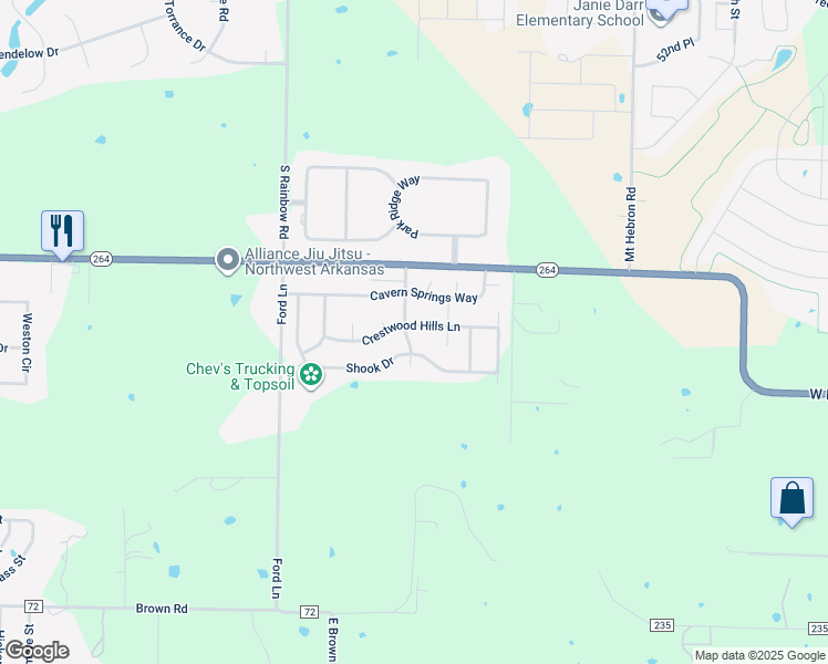 map of restaurants, bars, coffee shops, grocery stores, and more near 1601 Crestwood Hills Lane in Cave Springs