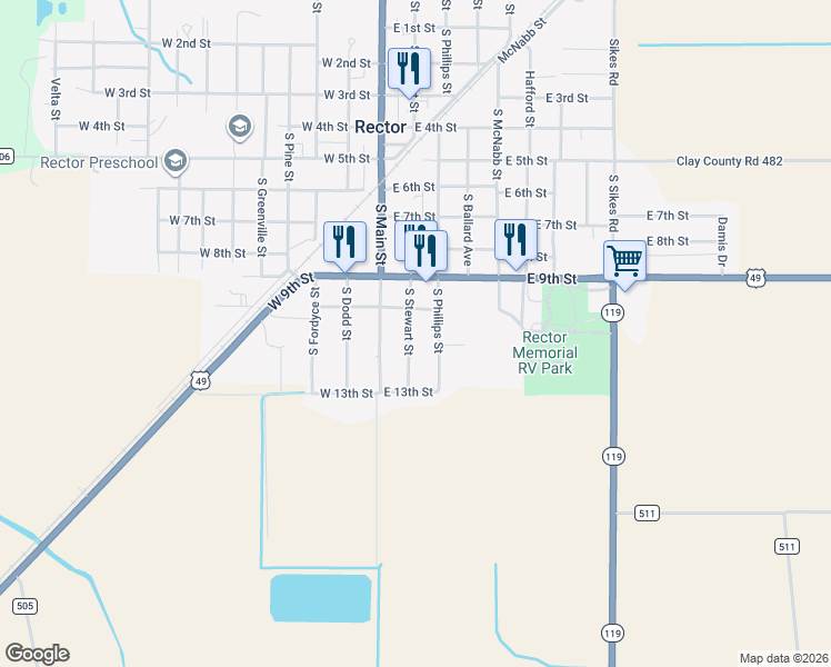 map of restaurants, bars, coffee shops, grocery stores, and more near 212 E 10th St in Rector