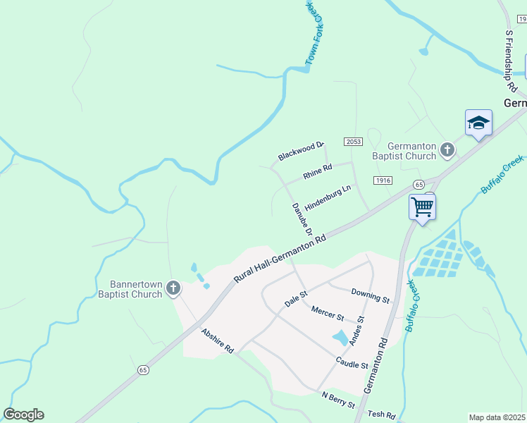 map of restaurants, bars, coffee shops, grocery stores, and more near 1018 Rhine Road in Germanton