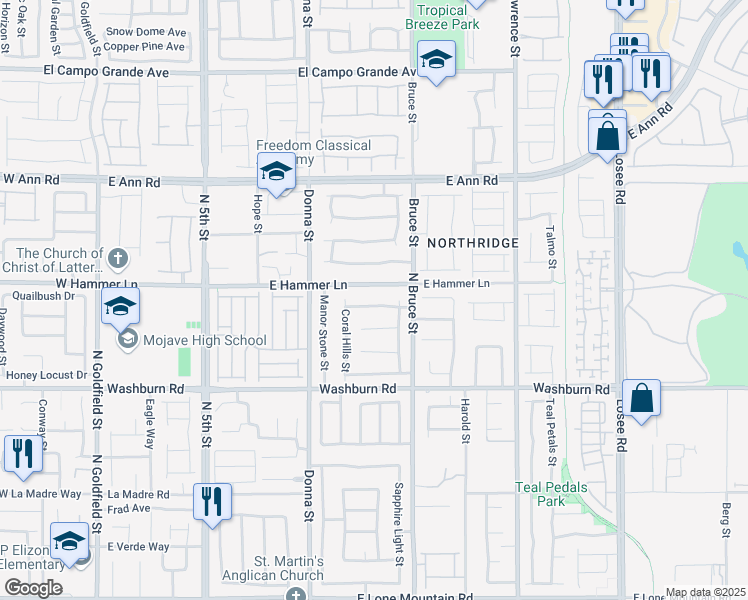 map of restaurants, bars, coffee shops, grocery stores, and more near 1110 Amber Falls Lane in North Las Vegas
