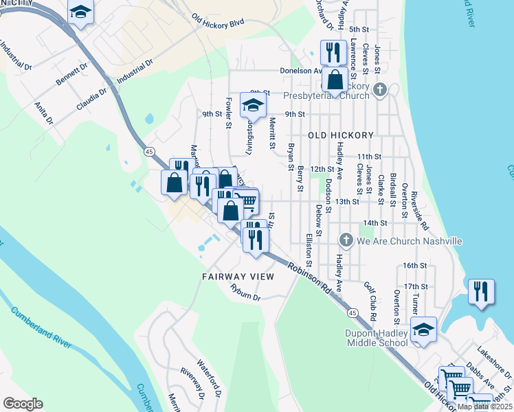 map of restaurants, bars, coffee shops, grocery stores, and more near 1211 Cunningham Street in Nashville