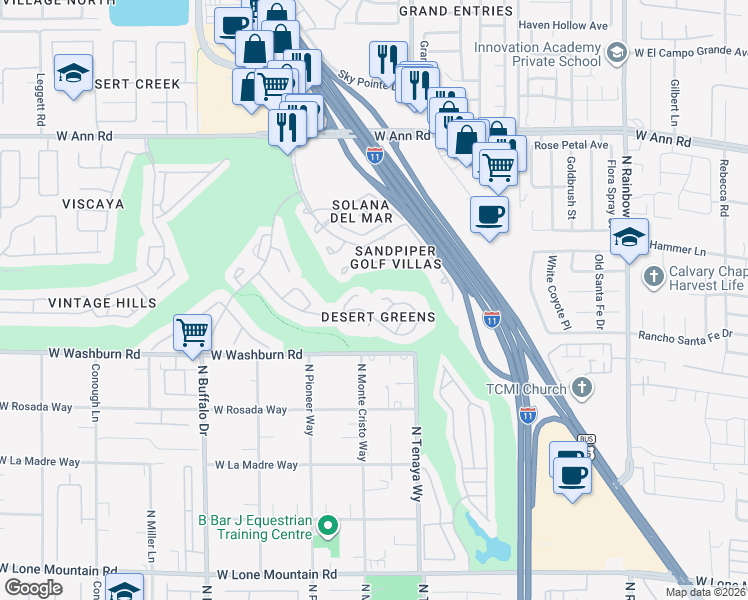 map of restaurants, bars, coffee shops, grocery stores, and more near 7264 Drifting River Court in Las Vegas