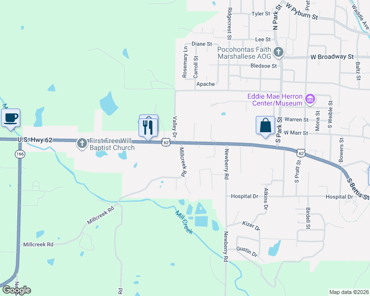 map of restaurants, bars, coffee shops, grocery stores, and more near 2500 Ring Drive in Pocahontas