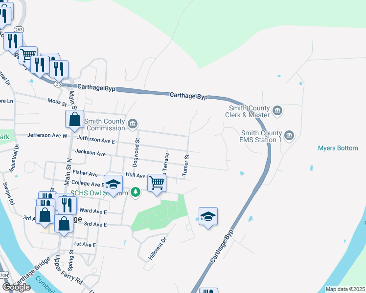 map of restaurants, bars, coffee shops, grocery stores, and more near 660 Carmack Avenue in Carthage