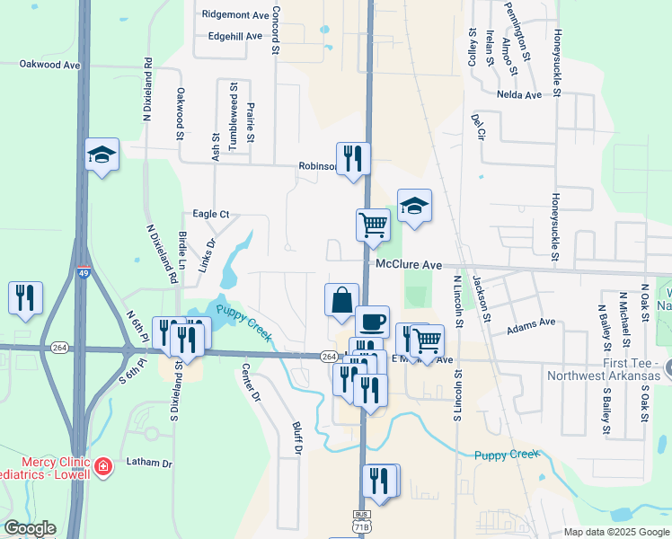 map of restaurants, bars, coffee shops, grocery stores, and more near 223 Fox Run Place in Lowell