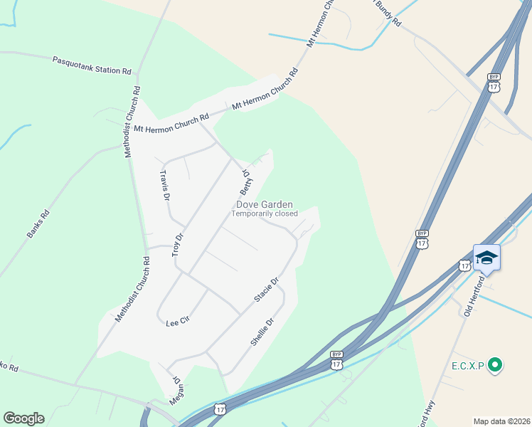 map of restaurants, bars, coffee shops, grocery stores, and more near 107 Stacie Dr in Elizabeth City