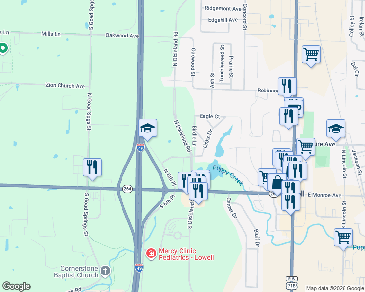 map of restaurants, bars, coffee shops, grocery stores, and more near North Dixieland Road in Lowell