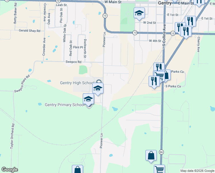 map of restaurants, bars, coffee shops, grocery stores, and more near 882 Mockingbird Lane in Gentry