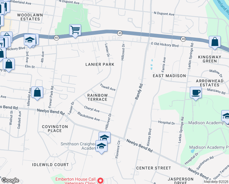 map of restaurants, bars, coffee shops, grocery stores, and more near 723 Yowell Avenue in Nashville