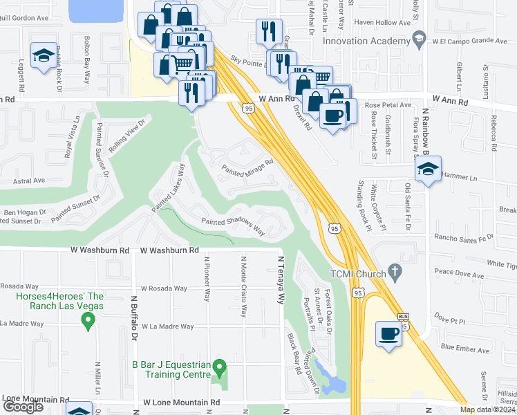map of restaurants, bars, coffee shops, grocery stores, and more near 7264 Drifting River Court in Las Vegas