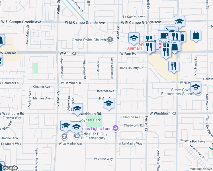 map of restaurants, bars, coffee shops, grocery stores, and more near 3801 West Hammer Lane in North Las Vegas