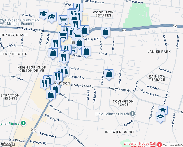 map of restaurants, bars, coffee shops, grocery stores, and more near 232 Harris Street in Nashville