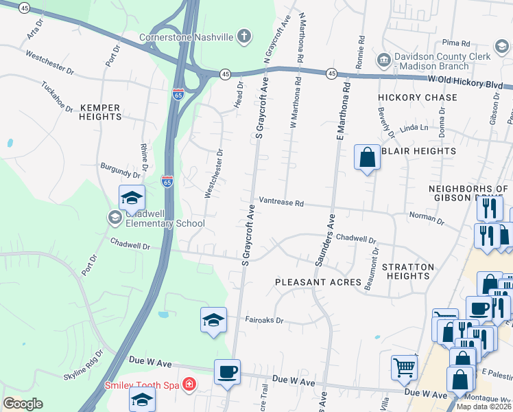 map of restaurants, bars, coffee shops, grocery stores, and more near 501 Vantrease Road in Nashville