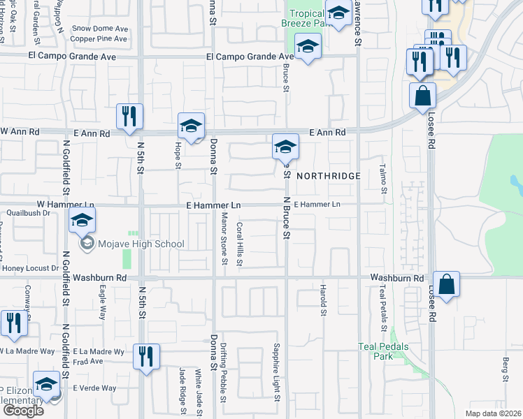 map of restaurants, bars, coffee shops, grocery stores, and more near 1104 East Hammer Lane in North Las Vegas