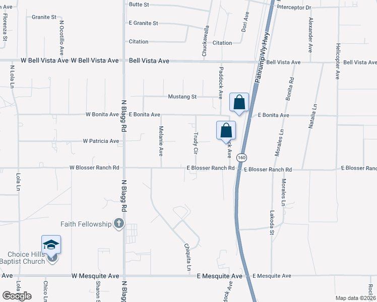 map of restaurants, bars, coffee shops, grocery stores, and more near 2580 North Trudy Street in Pahrump