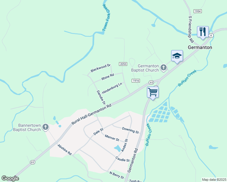 map of restaurants, bars, coffee shops, grocery stores, and more near 941 Hindenburg Lane in Germanton