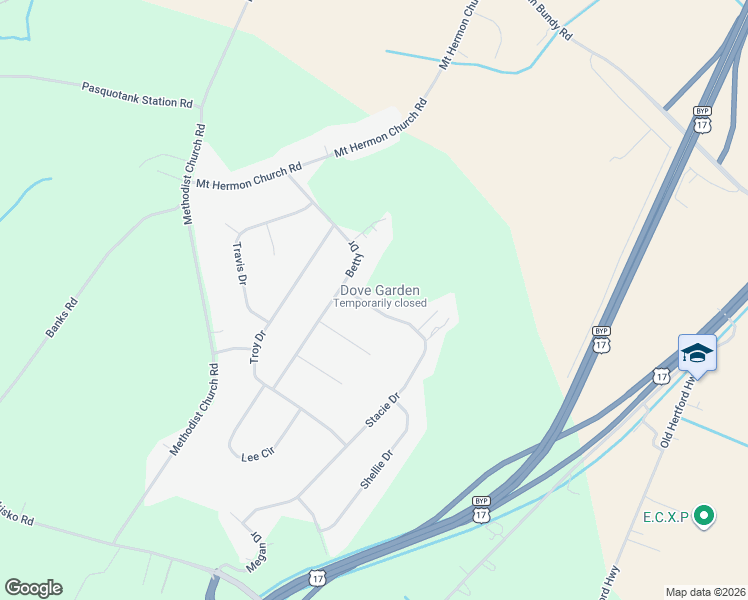 map of restaurants, bars, coffee shops, grocery stores, and more near 107 Stacie Drive in Elizabeth City