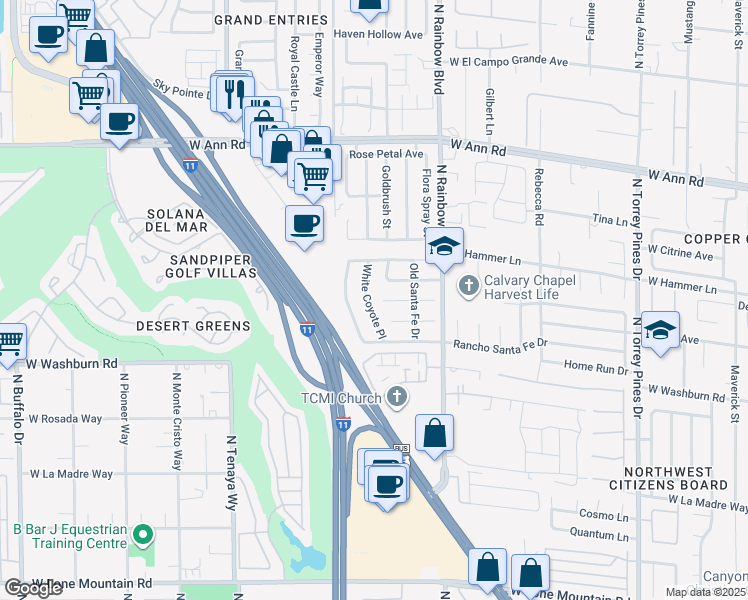 map of restaurants, bars, coffee shops, grocery stores, and more near 5300 White Coyote Place in Las Vegas