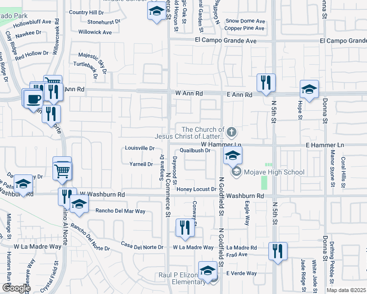 map of restaurants, bars, coffee shops, grocery stores, and more near 206 Quailbush Drive in North Las Vegas