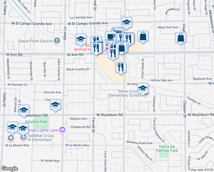 map of restaurants, bars, coffee shops, grocery stores, and more near 3111 West Hammer Lane in North Las Vegas