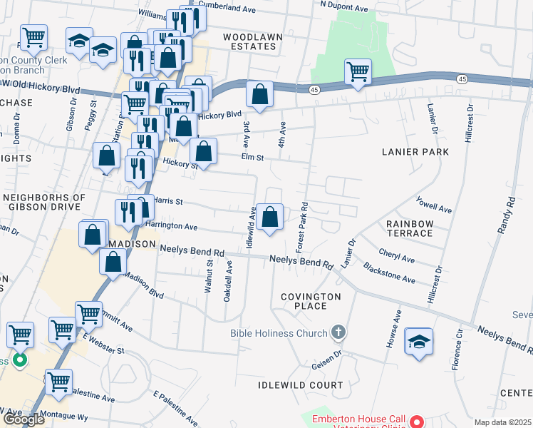 map of restaurants, bars, coffee shops, grocery stores, and more near 400 Forest Park Road in Nashville