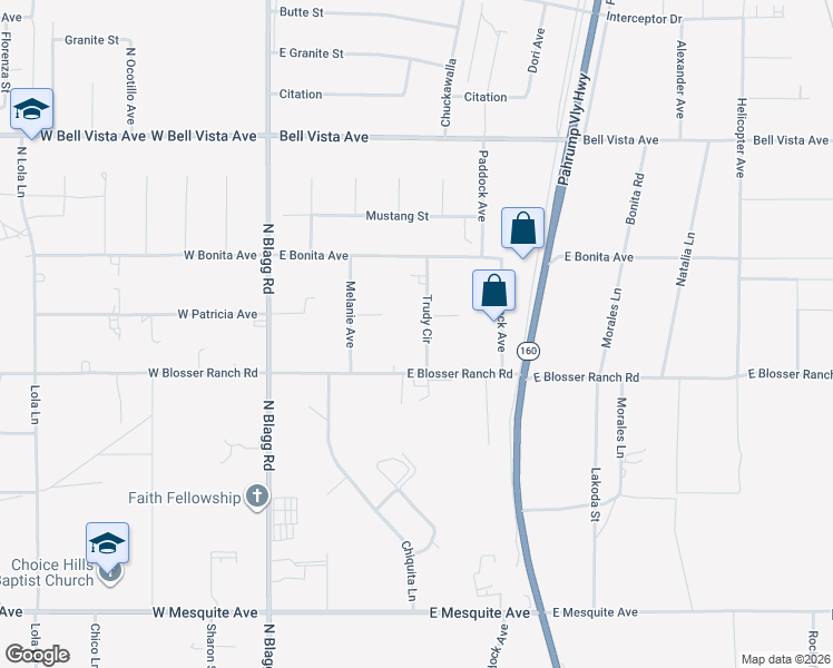 map of restaurants, bars, coffee shops, grocery stores, and more near 2580 North Trudy Street in Pahrump