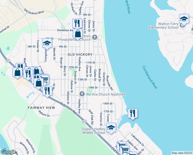 map of restaurants, bars, coffee shops, grocery stores, and more near 1206 Birdsall Street in Nashville
