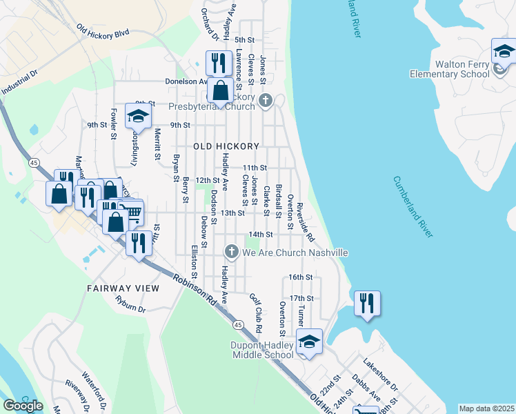 map of restaurants, bars, coffee shops, grocery stores, and more near 1209 Jones St in Old Hickory