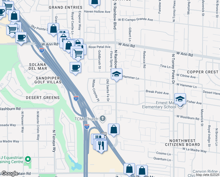 map of restaurants, bars, coffee shops, grocery stores, and more near 6801 Snake River Avenue in Las Vegas