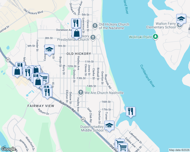 map of restaurants, bars, coffee shops, grocery stores, and more near 1209 Clarke Street in Nashville