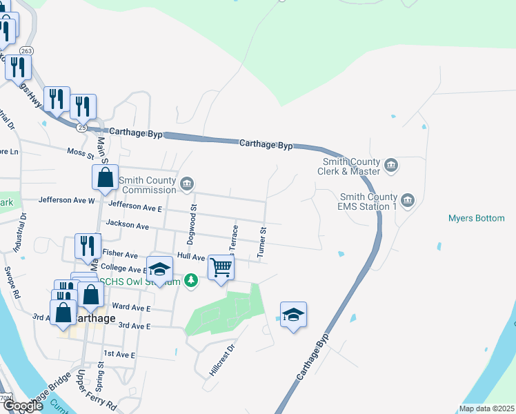 map of restaurants, bars, coffee shops, grocery stores, and more near 660 Carmack Ave in Carthage