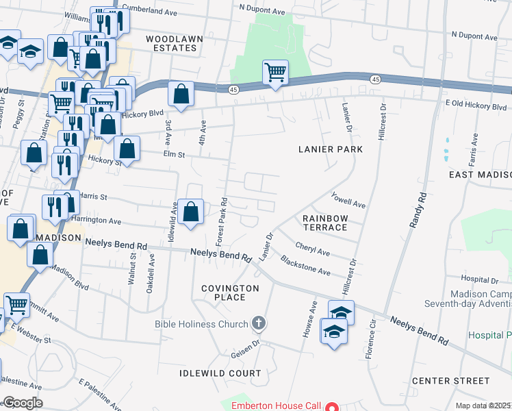map of restaurants, bars, coffee shops, grocery stores, and more near 335 Forest Park Road in Nashville