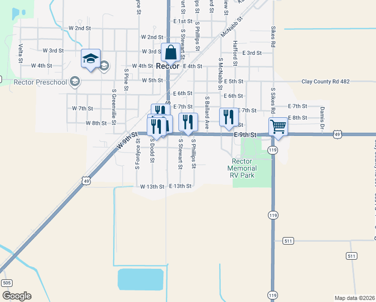 map of restaurants, bars, coffee shops, grocery stores, and more near 212 E 10th St in Rector