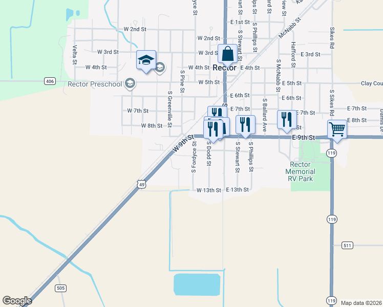 map of restaurants, bars, coffee shops, grocery stores, and more near 1008 South Fordyce Street in Rector
