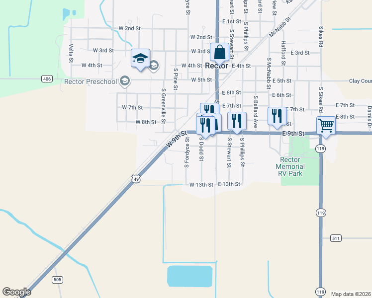 map of restaurants, bars, coffee shops, grocery stores, and more near 1008 South Fordyce Street in Rector