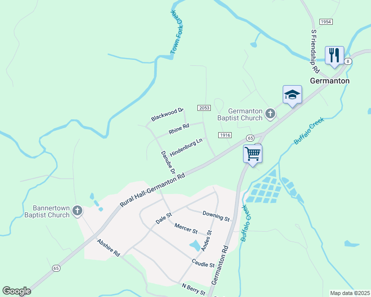 map of restaurants, bars, coffee shops, grocery stores, and more near Hindenburg Lane in Forsyth County