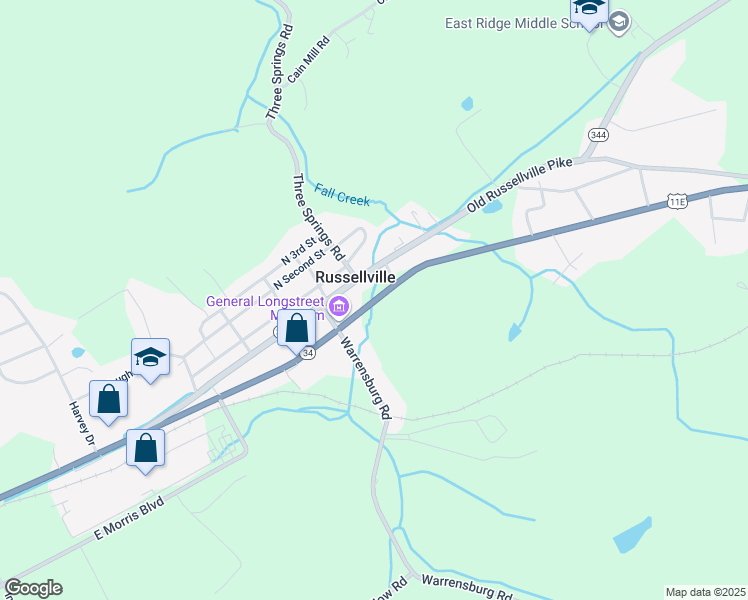 map of restaurants, bars, coffee shops, grocery stores, and more near U.S. 11E in Russellville