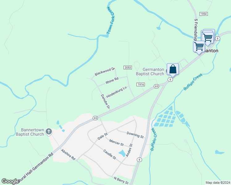 map of restaurants, bars, coffee shops, grocery stores, and more near Hindenburg Lane in Forsyth County