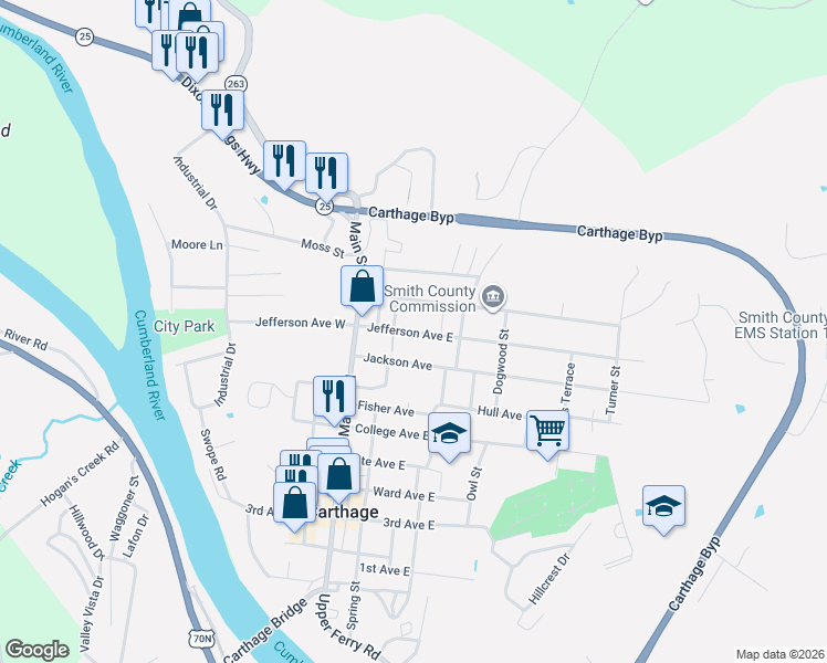map of restaurants, bars, coffee shops, grocery stores, and more near 215 Jefferson Avenue East in Carthage