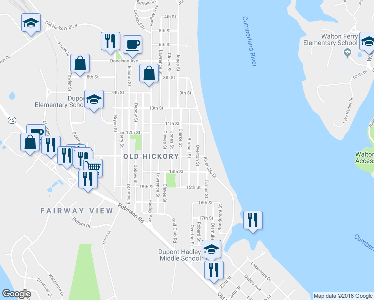 map of restaurants, bars, coffee shops, grocery stores, and more near 1206 Birdsall Street in Nashville