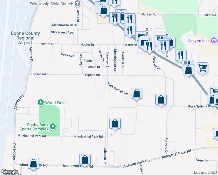 map of restaurants, bars, coffee shops, grocery stores, and more near 2526 Rock Springs Road in Harrison