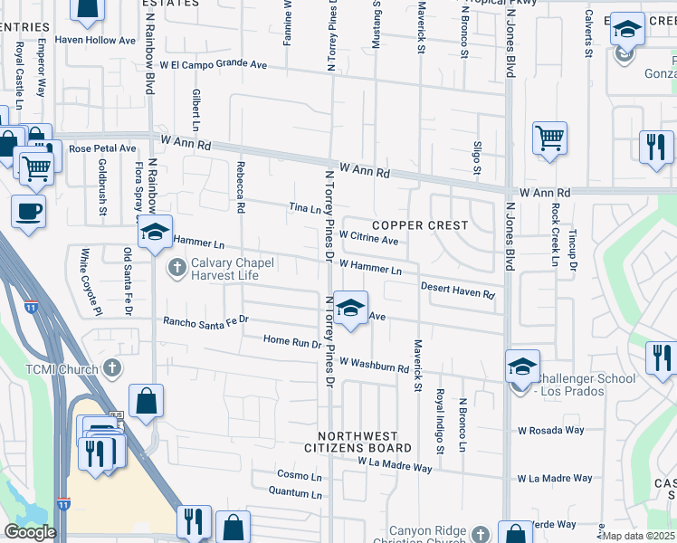 map of restaurants, bars, coffee shops, grocery stores, and more near 5333 Rizari Court in Las Vegas