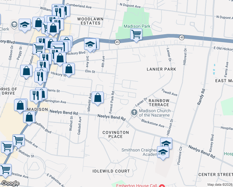 map of restaurants, bars, coffee shops, grocery stores, and more near 113 Coventry Woods Drive in Nashville