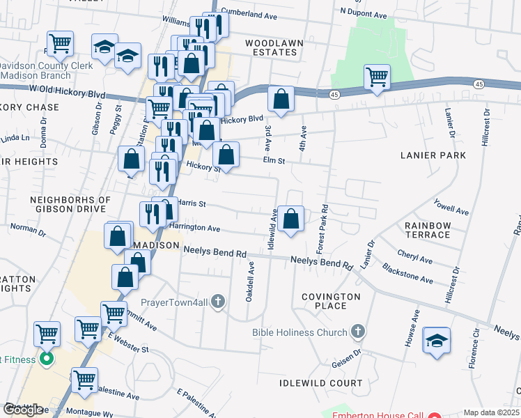 map of restaurants, bars, coffee shops, grocery stores, and more near 333 Harris Street in Nashville