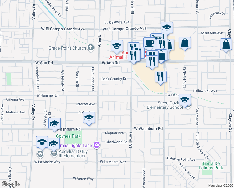 map of restaurants, bars, coffee shops, grocery stores, and more near 5404 Lemhi Court in North Las Vegas
