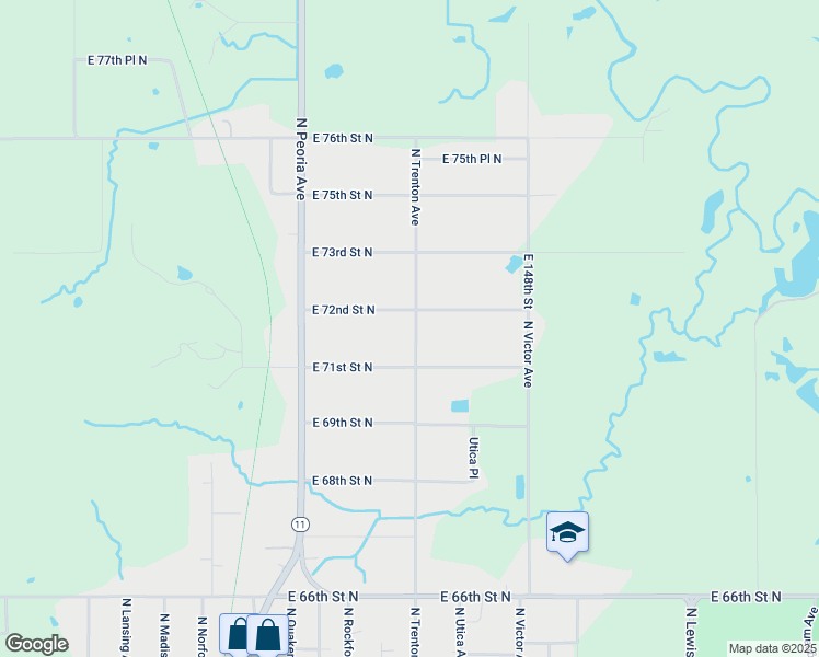 map of restaurants, bars, coffee shops, grocery stores, and more near 1540 East 72nd Street North in Tulsa