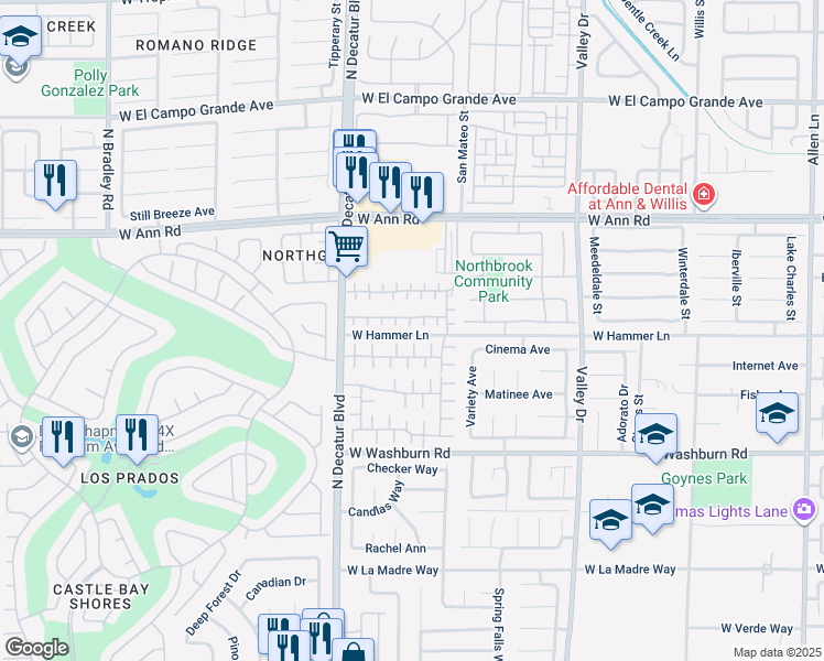 map of restaurants, bars, coffee shops, grocery stores, and more near 5402 Lazy Meadow Court in North Las Vegas