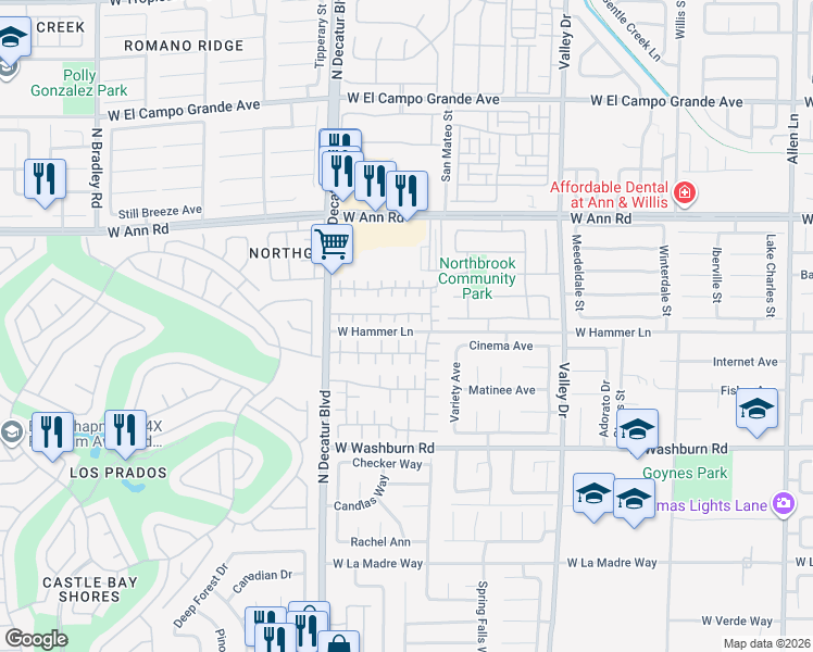 map of restaurants, bars, coffee shops, grocery stores, and more near 5402 Lazy Meadow Court in North Las Vegas