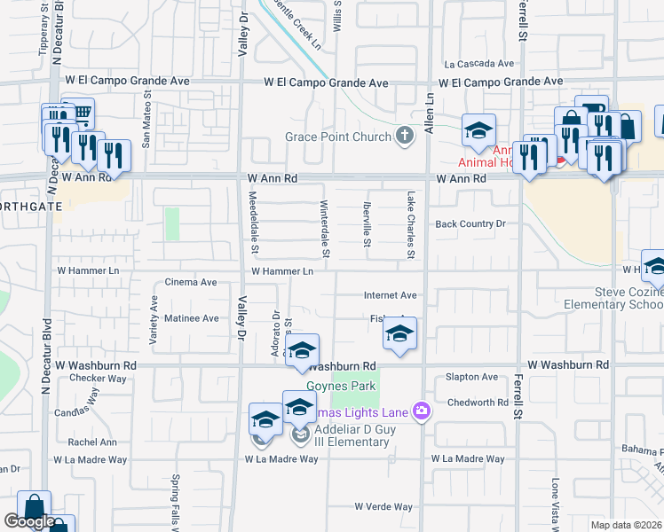 map of restaurants, bars, coffee shops, grocery stores, and more near 5402 Winterdale Street in North Las Vegas